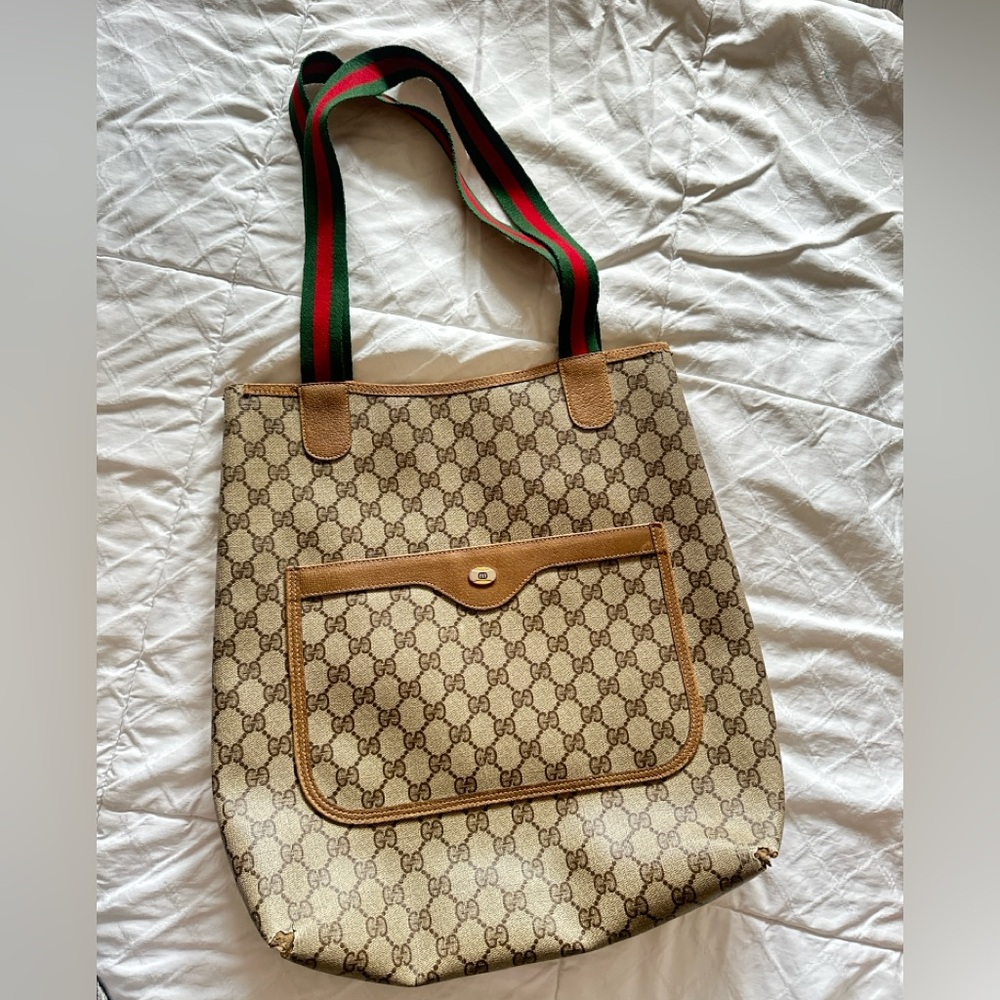 Authentic GUCCI Web Sherry Line Shoulder Tote Bag GG PVC Leather Brown 2669L